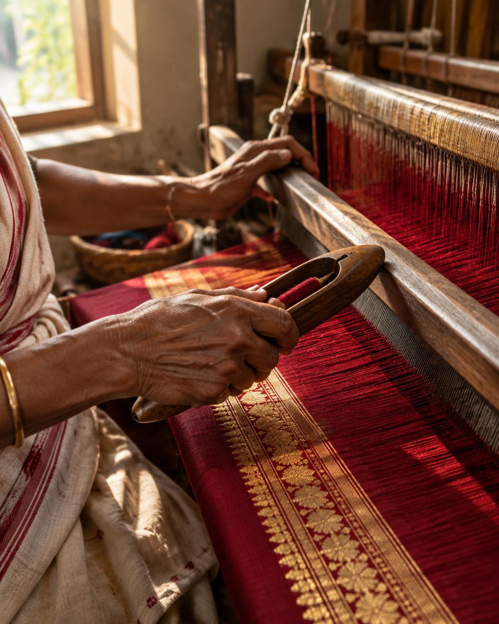 A weaver's hands throwing a shuttle across crimson and gold silk warp threads