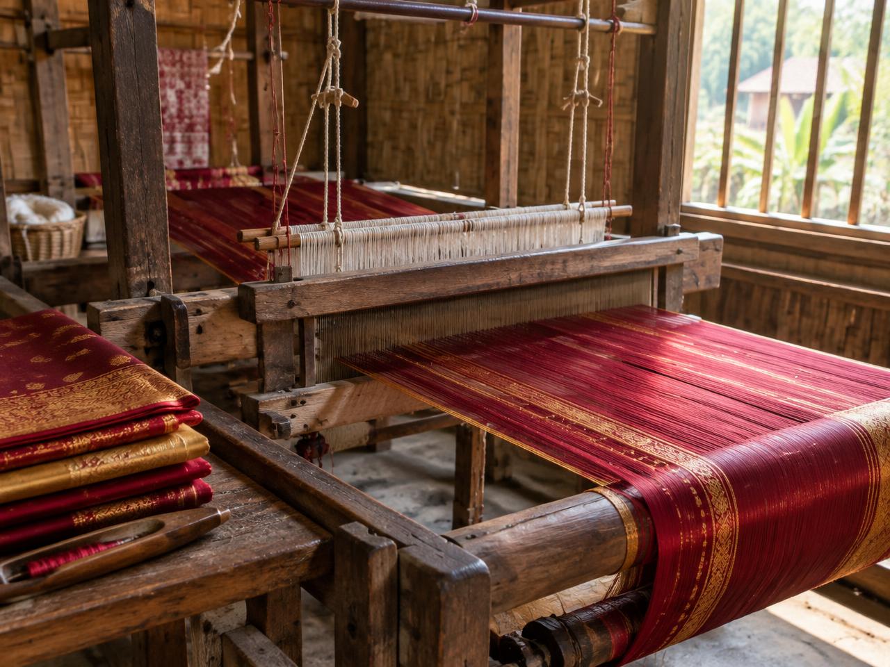 Handloom with silk warp under tension