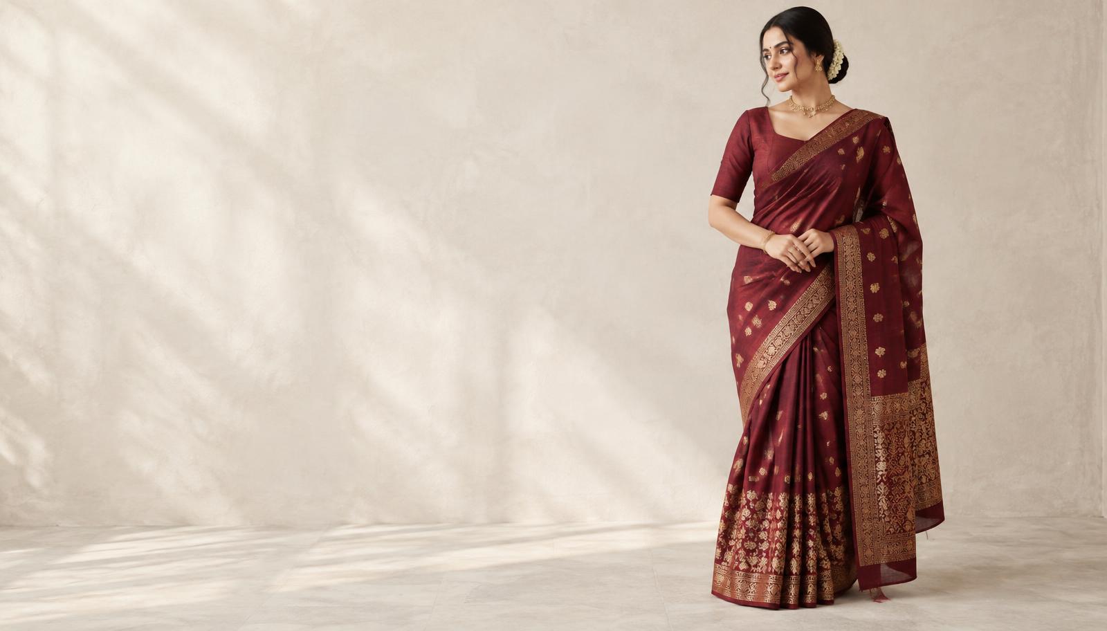 Illustrative bridal campaign in burgundy Assam-inspired silk in a daylit ivory atelier