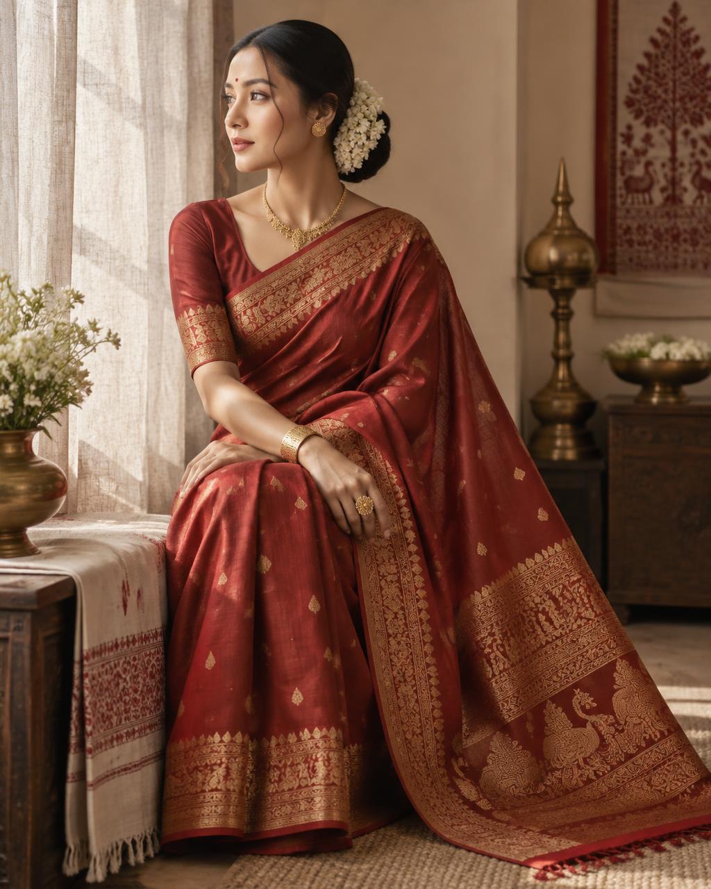 Assamese model in a red and gold bridal mekhela sador