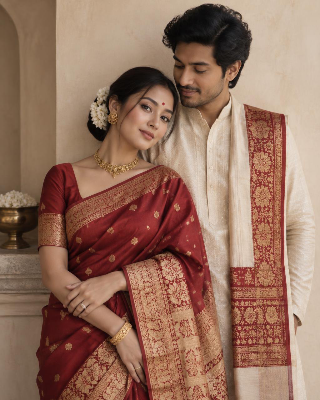 An Assamese couple in coordinated handwoven silk