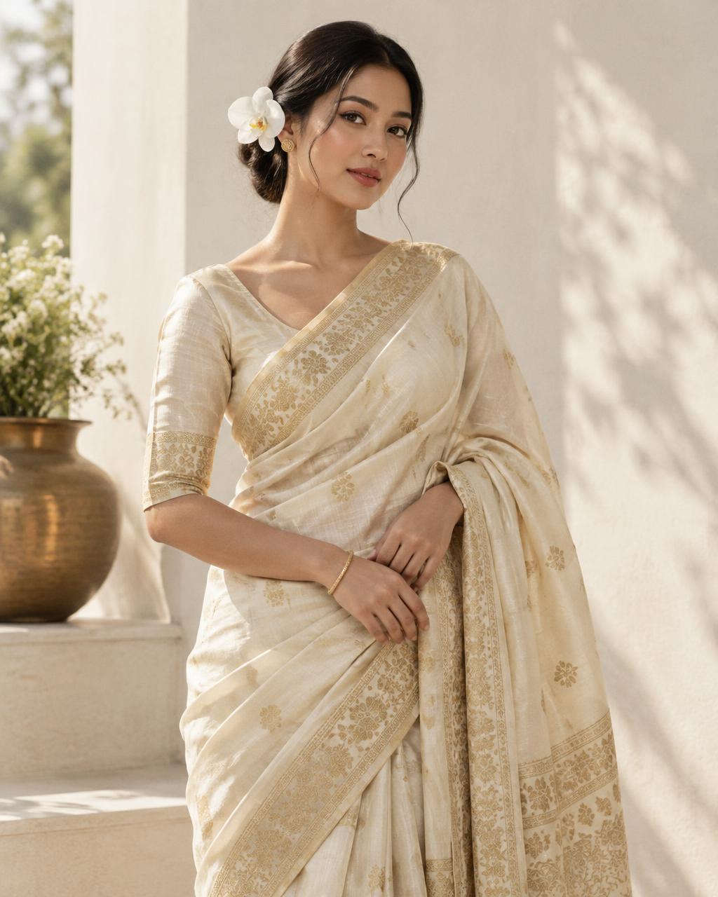 Assamese model in an ivory and gold silk mekhela sador