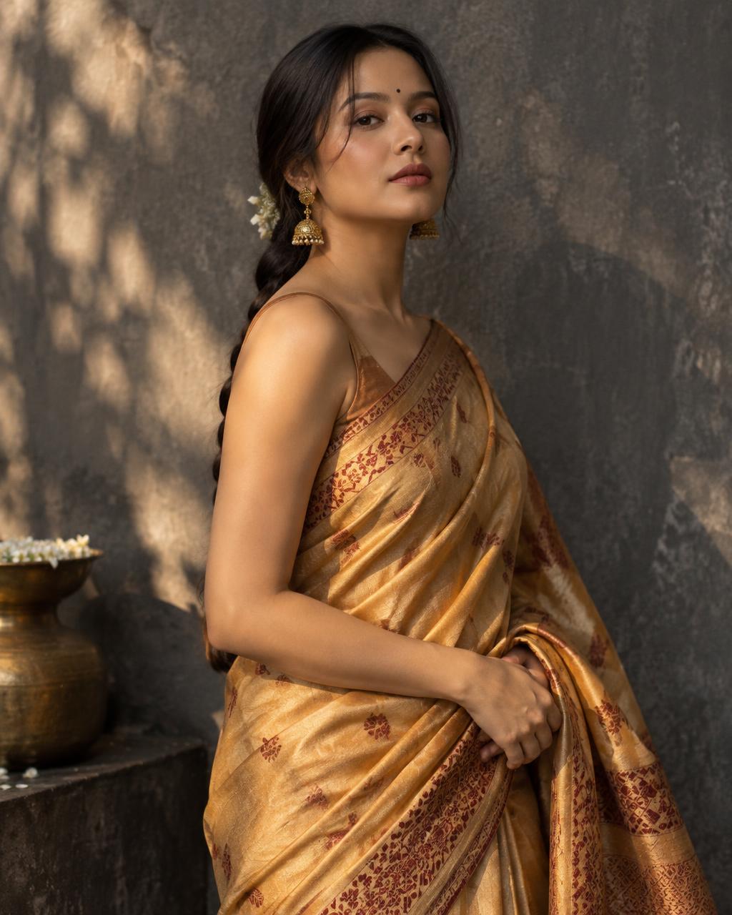 Assamese model in an old-gold Assam silk sador