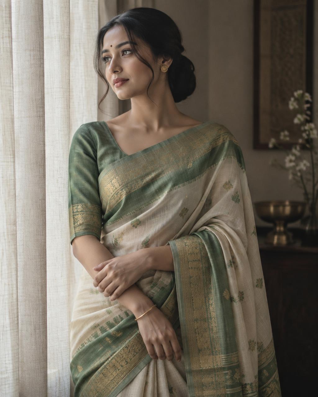 Assamese model in a patina-green and ivory silk mekhela sador