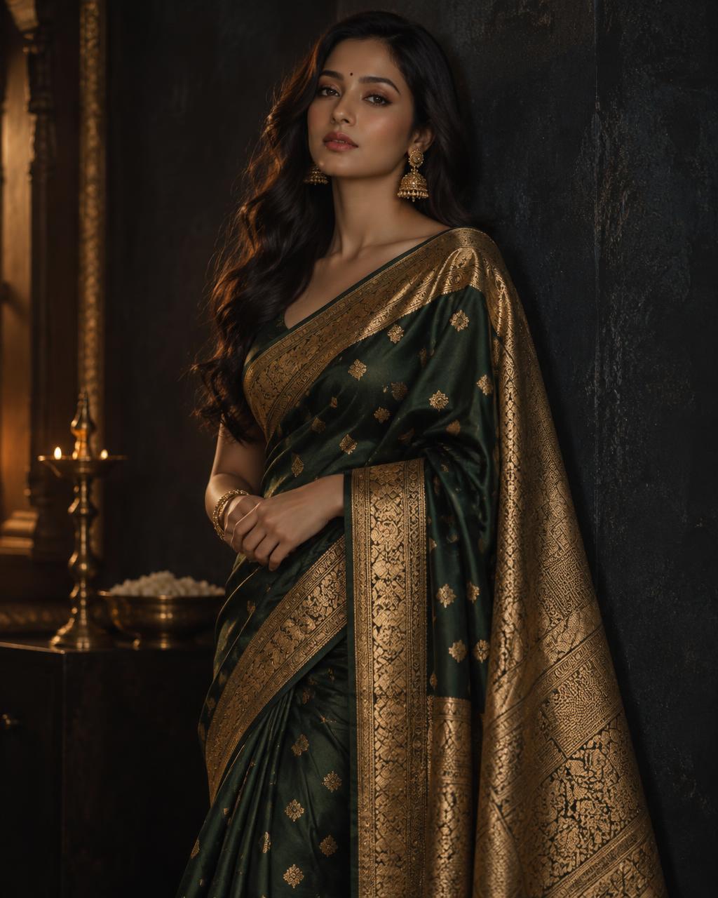 Assamese model in a patina-green and gold silk sador